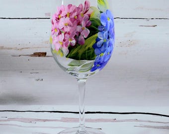 Hand Painted Pink and Blue Hydrangea Wine Glass, Floral Cottage Decor