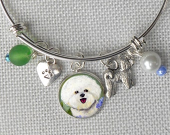 Bichon Frise Charm Bracelet, Pet Keepsake, Dog Charm Bracelet, Wire Bangle, Bichon Owner Birthday, Bichon Bracelet, May Birthdays