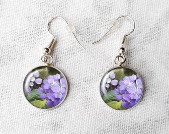 Violets Drop Earrings, 18mm Silver Violets Earrings, May Birthdays, Sorority Violets Earrings, Purple Flower Dangle Earrings