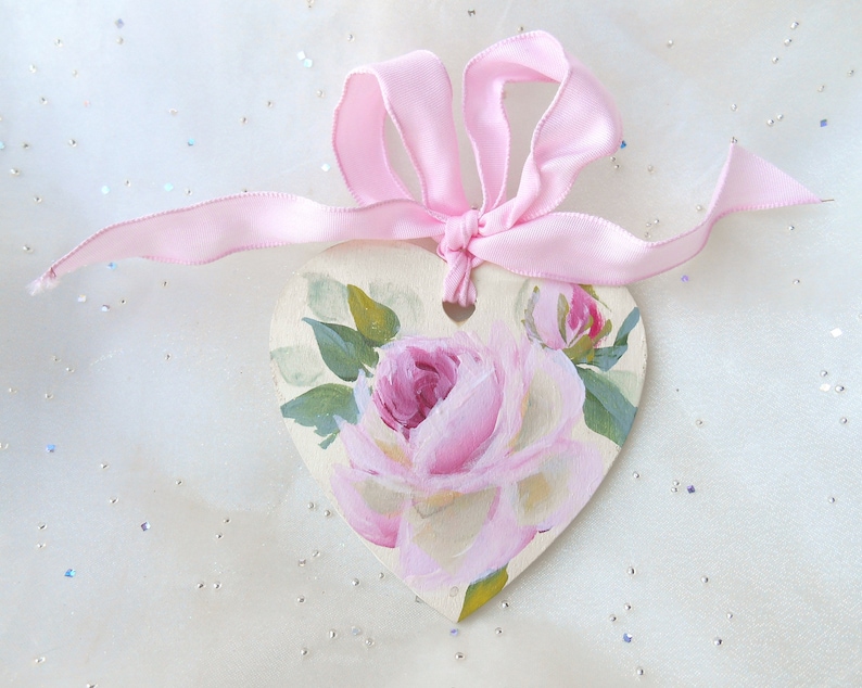 Wooden Heart Handpainted Pink Rose Heart Ornament Personalize Cottage Style OOAK Gifts Pink Ornaments
