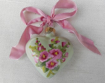 Handpainted Hollyhocks Glass Heart Ornament, Cottage Style, Flowers Ornament, Pink Flowers, Cottage Ornaments, Mothers Day Gifts