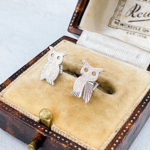 May include: A pair of silver-toned stud earrings shaped like owls. Each earring features two circular cutouts for eyes and engraved linear detailing on the lower body to represent feathers. The earrings are displayed in a rectangular jewellery box.