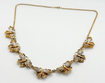 Vintage 800 Silver Gold Plated Filigree Butterfly Bib Necklace 48cm Chain
