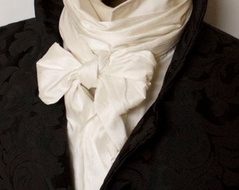 Extra Long Slim width REGENCY Tie Ascot Cravat Ivory White Dupioni SILK