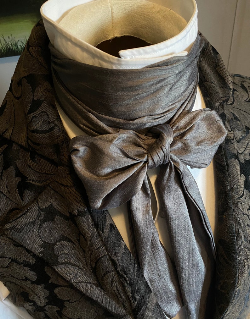 Extra LONG REGENCY Brummel Victorian Ascot Tie Cravat Charcoal Grey Dupioni Silk image 1