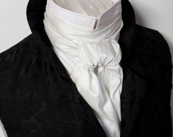 Extra LONG - REGENCY Brummel Victorian Ascot Necktie Tie Cravat - White Dupioni Silk