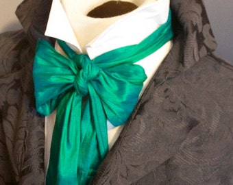 Slim REGENCY Brummel Victorian Ascot Tie Cravat - Peacock Teal Green Dupioni Silk