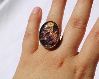 Statement rings oval various colors, stainless steel gold-colored, adjustable size, handmade, marble effect, unique, acrylic paint