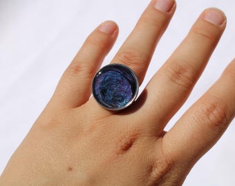 Statement rings round various colors, stainless steel silver-colored, adjustable size, handmade, marble effect, unique, acrylic paint