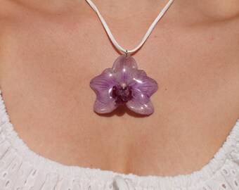 Necklace real orchid blossom handmade with faux leather cord for knotting, purple orchid, purple orchid flower necklace unique