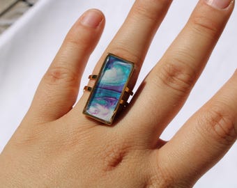 Statement rings rectangular various colors, stainless steel gold-colored, adjustable size, handmade, marble effect, unique, acrylic paint