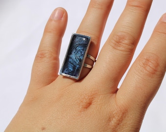 Statement rings rectangular various colors, stainless steel silver-colored, adjustable size, handmade, marble effect, unique, acrylic paint
