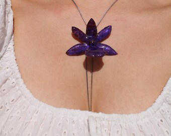 Necklace real orchid flower handmade, adjustable size, slider, purple orchid, purple orchid flower necklace unique