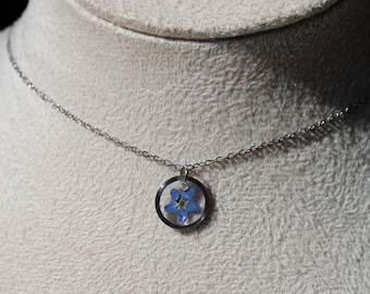 Forget-me-not necklace, real flower, handmade, light blue, silver or gold-colored stainless steel, unique real flower necklace