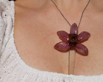 Necklace real orchid flower Cymbidium handmade, adjustable size, slider, purple orchid, purple orchid flower necklace unique