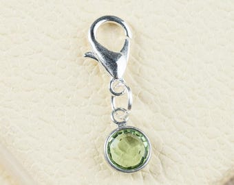 Silver Plated Peridot Clip On Charm, August Green Birthstone