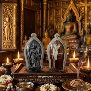 Op de afbeelding: Twee religieuze amuletten in sierlijke, heldere koffers, één met een donkere figuur en de andere met witte draad. De amuletten liggen op een houten dienblad met kaarsen, wierook en bloemstukken. De achtergrond toont gouden Boeddha-beelden.