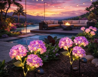 Luzes solares para jardim de hortênsias – Estacas de flores impermeáveis para caminhos, quintais e pátios.