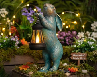 Rabbit Garden Statue With Solar Lantern - Waterproof Bunny Outdoor