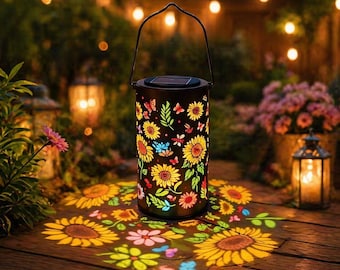 Lanterna solar colorida em formato de girassol, luminária decorativa de metal para jardim, lanterna suspensa à prova d'água para uso externo, iluminação ideal para pátio, quintal, gramado e caminho.