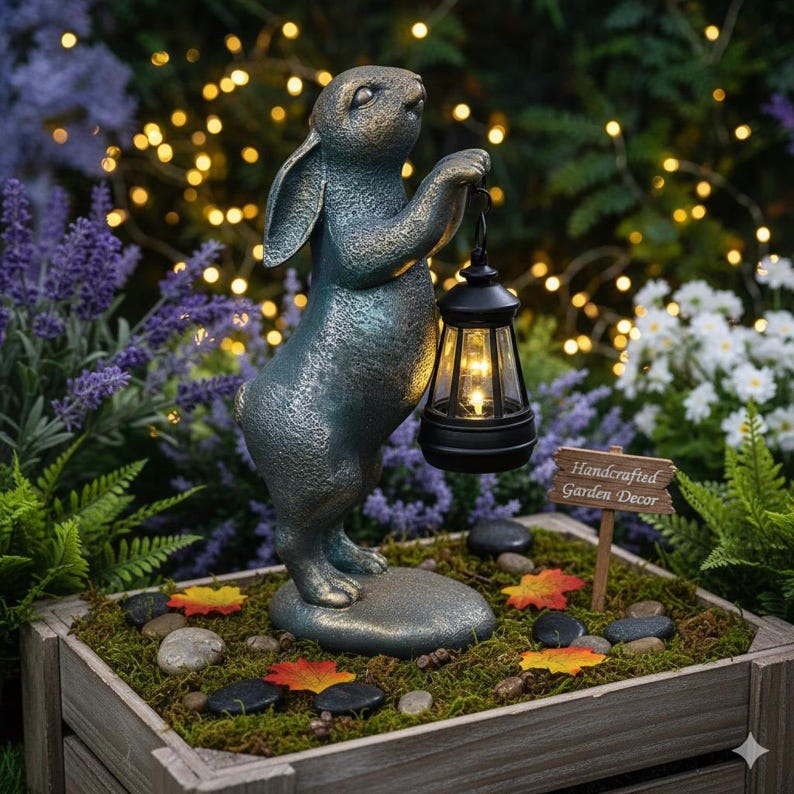 Rabbit Garden Statue With Solar Lantern - Waterproof Bunny Outdoor ...