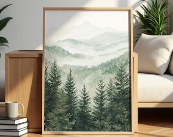 Sage Green Mountain Watercolor Print: Abstract Forest Wall Art (Digital Download)