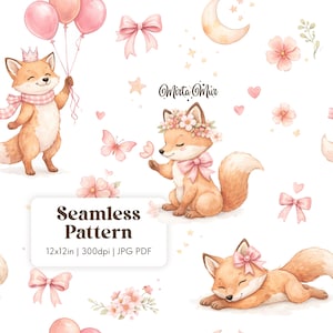 Räv Sömlöst Mönster | Clipart Könsneutral Baby Shower | Akvarell Grafik | Djurmönster