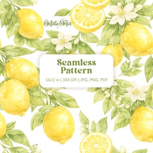 May include: Watercolor seamless pattern featuring bright yellow lemons, green leaves, and white blossoms. The design includes whole lemons and lemon slices. The text "Seamless Pattern" is displayed on a white background. The pattern is 12x12 inches.
