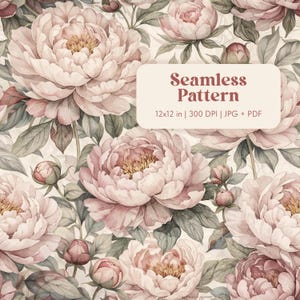 May include: Seamless pattern featuring watercolor peonies in shades of pink, cream, and green. The design includes fully bloomed flowers, buds, and leaves. Text on the image reads "Seamless Pattern 12x12 in | 300 DPI | JPG + PDF".