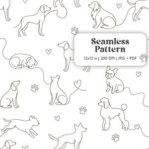 Può includere: Un motivo senza cuciture con illustrazioni lineari di varie razze di cani, impronte di zampe e cuori su sfondo bianco. Il testo "Seamless Pattern" è visualizzato su un'etichetta rettangolare bianca. Il motivo misura 30,48 x 30,48 cm.
