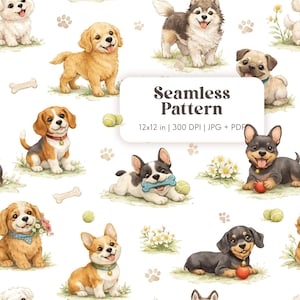 May include: Seamless pattern featuring watercolor illustrations of various dog breeds, including a golden retriever, beagle, and pug. The design includes paw prints, tennis balls, and bones on a white background. The text "Seamless Pattern" is displayed.
