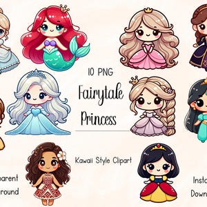 10 Kawaii Fairy Tale Princess Clipart Set | Digital Download | Cute, Colorful Princess Illustrations for Invitations, Crafts & More