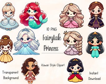 Conjunto de imágenes prediseñadas de princesas kawaii / Ilustraciones de cuentos de hadas (Descarga digital)