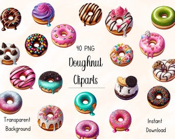 40 imágenes prediseñadas de donas / Ilustraciones PNG coloridas (Descarga digital)