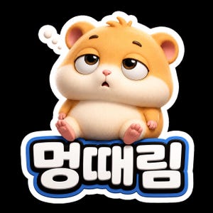 May include: A cartoon sticker featuring a round, light brown hamster with a dazed expression, large dark eyes, and pink paws. Below the hamster is a blue and white speech bubble containing the Korean text 멍때림, which translates to zoning out.