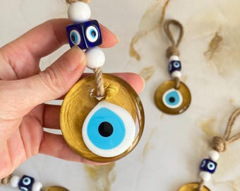 Yellow Glass Evil Eye Wall Hanging, Small Protection Charm, Good Luck Talisman