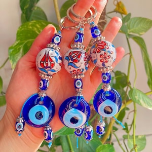 Evil Eye Keychain, White Ceramic Keychain, Lucky Keyring, Home Protection Charm, Bag Accessory, New House Gift
