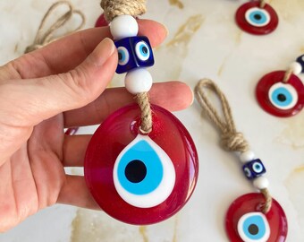 Red Glass Evil Eye Wall Hanging, Protection Talisman, Jute Cord Decor