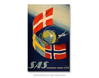 SAS Scandinavian Fluglinien | Vintage Flugreisen Poster (Digitaler Download)