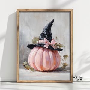 Pink Halloween Witch Hat Pumpkin Print: Spooky Cottagecore Wall Art (Digital Download)