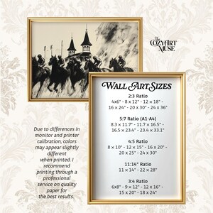 May include: Framed wall art print featuring a black and white illustration of a horse race. The artwork is displayed in a gold frame, with text indicating various size options. The Cozy Art Muse logo is visible.