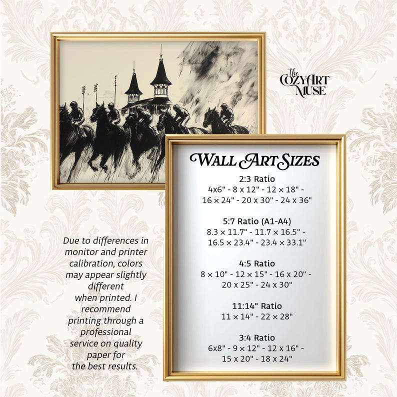 May include: Framed wall art print featuring a black and white illustration of a horse race. The artwork is displayed in a gold frame, with text indicating various size options. The Cozy Art Muse logo is visible.