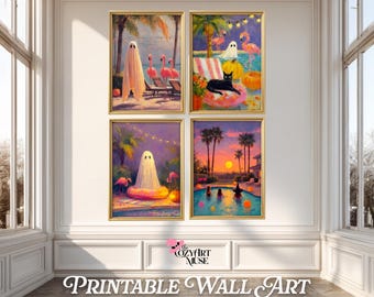 Summerween Printable Wall Art Set | Ghost Flamingo Black Cat Halloween Pool Party | Pastel Goth Horror Kitchen Prints & Bathroom Artwork