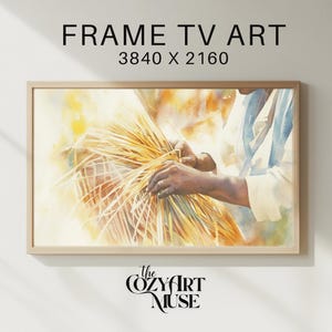 May include: A watercolour painting of a person's hands weaving a bundle of straw. The painting is in shades of yellow, brown, and blue, with a soft, blurred background.