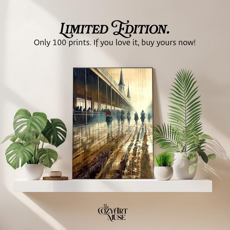 May include: A framed art print depicting a horse race in muted tones. The artwork features a long, covered structure with people and horses racing on a wet track. Text reads "LIMITED EDITION" and "Only 100 prints."
