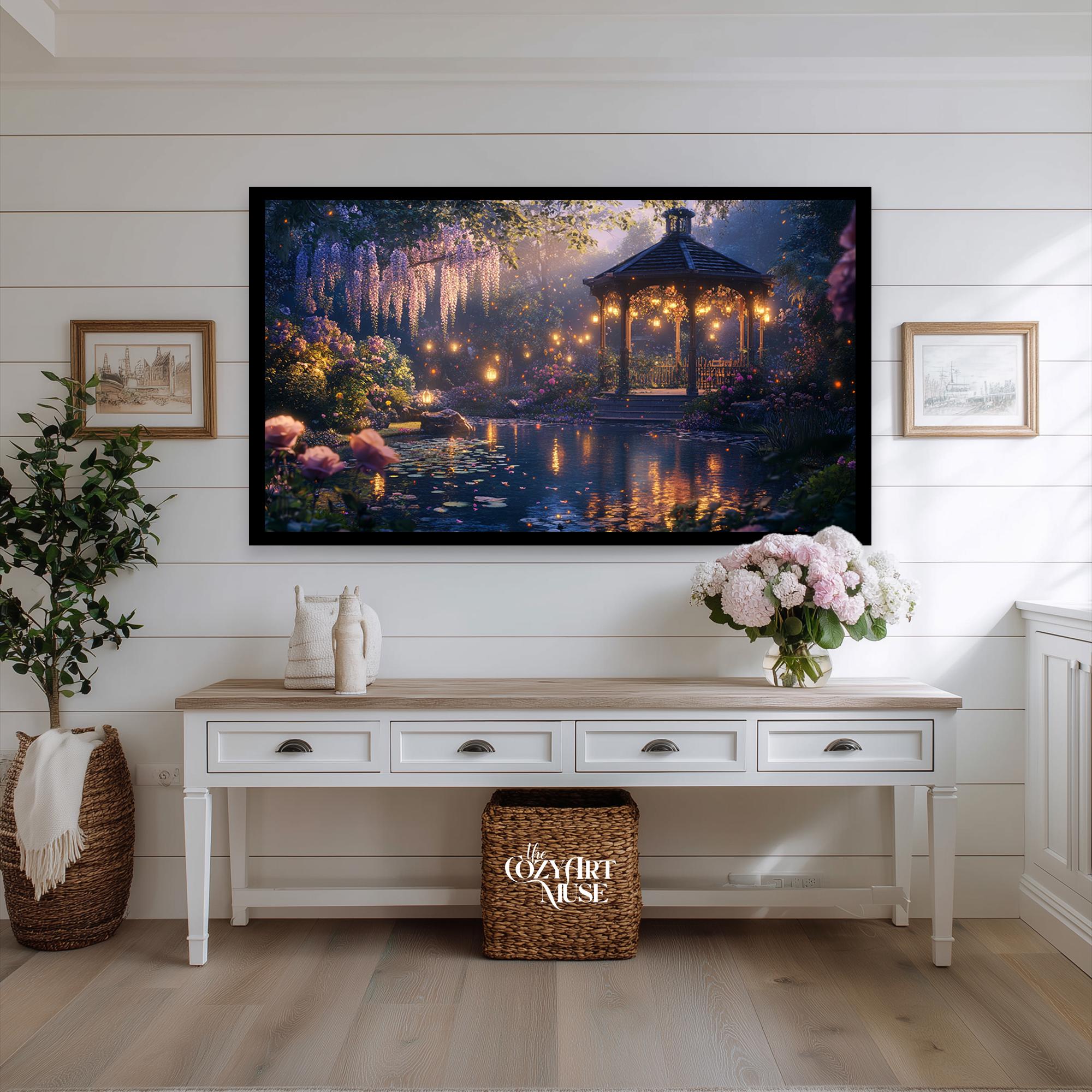 Spring Evening Scene Frame TV Art: Twilight Garden Gazebo (digital