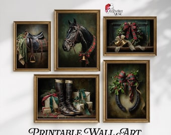 Conjunto de 5 piezas de arte navideño ecuestre: Arte rústico navideño imprimible, descarga digital