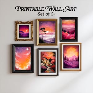 Può includere: Sei stampe artistiche di paesaggi incorniciate con scene di tramonti e montagne. Le cornici sono dorate e nere. Il testo in alto dice "Printable Wall Art - Set of 6-". L'arte presenta colori vivaci di arancione, rosa, viola e bianco.