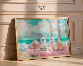 Printable Summerween Kids Room Decor | Ghost Beach Day Art for Nursery Wall | Playroom Print Pastel Halloween Cute Trendy Artwork