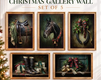 May include: A set of five framed wall art prints titled CHRISTMAS GALLERY WALL SET OF 5. The images feature a leather saddle, a black horse with a plaid ribbon, a horseshoe with holly, leather riding boots with gifts, and a wreath with bells.